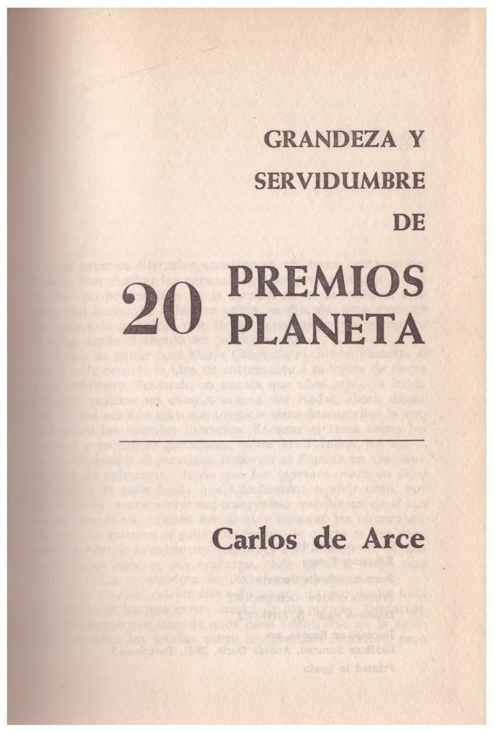 GRANDEZA Y SERVIDUMBRE DE 20 PREMIOS PLANETA | 9999900125672 | Arce, Carlos de | Llibres de Companyia - Libros de segunda mano Barcelona