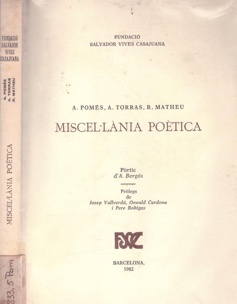 MISCEL·LÀNIA POÈTICA | 9999900146103 | Pomes, A.; A. Torras; R. Matheu | Llibres de Companyia - Libros de segunda mano Barcelona