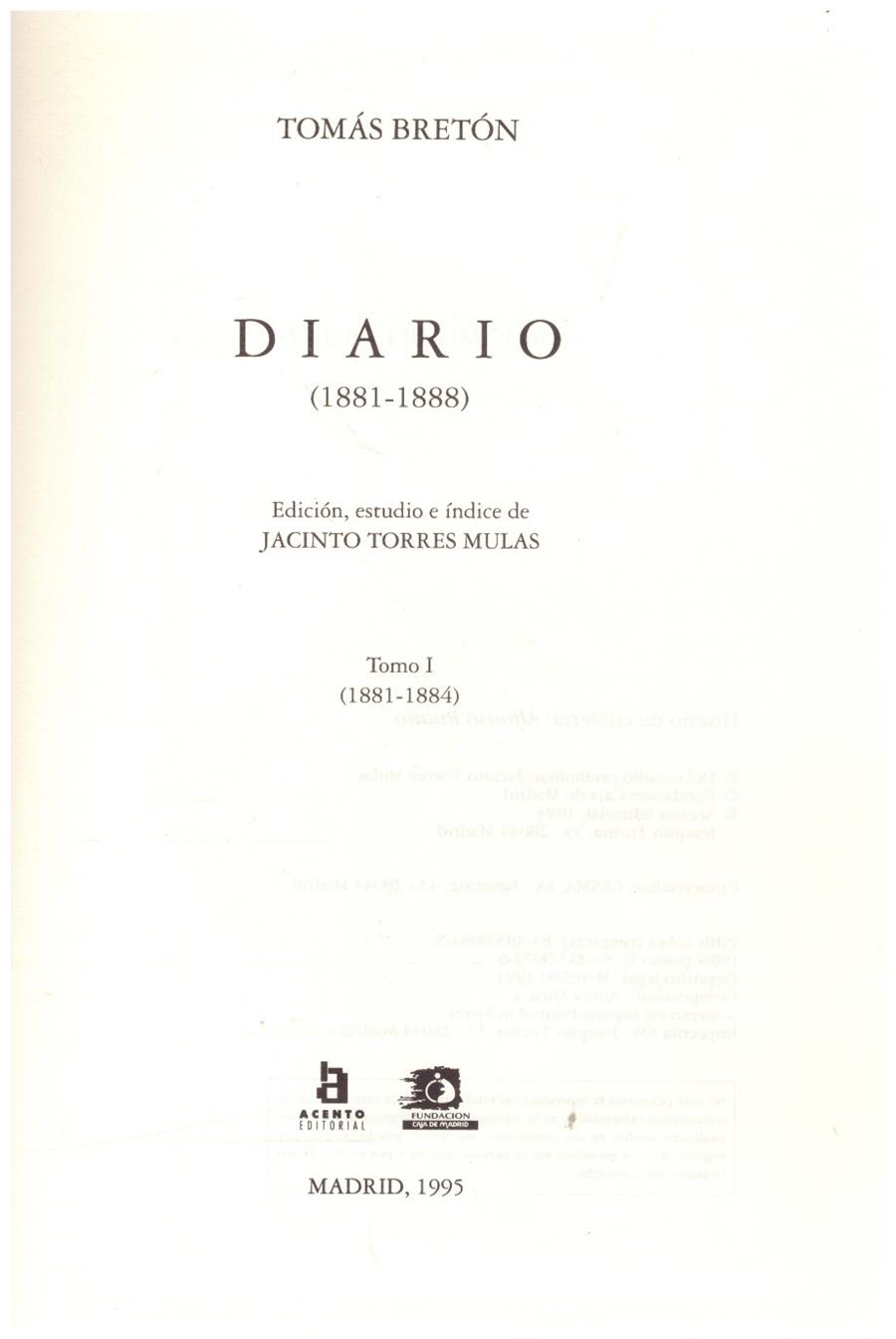 DIARIO (1881-1888) TOMO I | 9999900223378 | Breton, Tomas | Llibres de Companyia - Libros de segunda mano Barcelona
