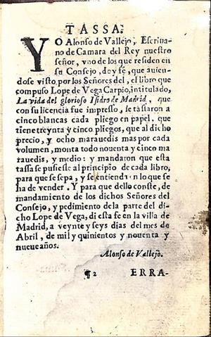 PLANCHA: TASSA Y  ERRATA POR ALONFO DE VALLEJO SOBRE EL LIBRO DE LOPE DE VEGA | 9999900235708 | Libros antiguos y de segunda mano con historia